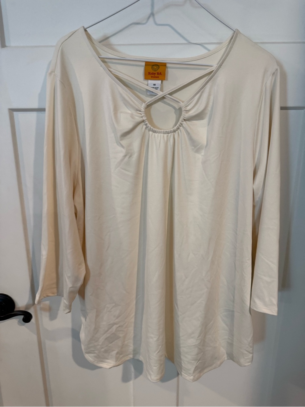 Ruby Rd. Cream Keyhole Cross-Strap Long Sleeve Top